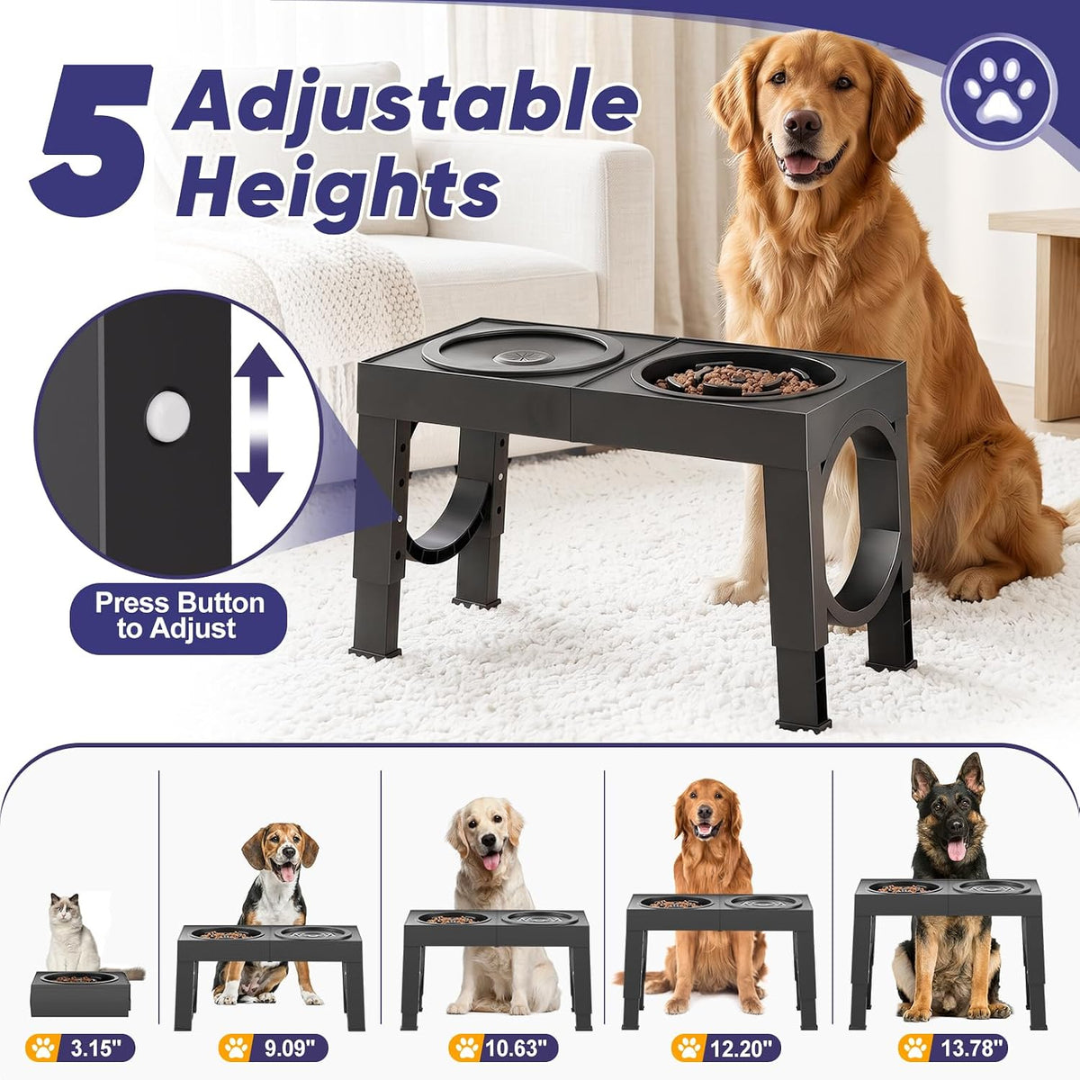 XIAZ Cuencos elevados para perros de razas grandes, soporte para cuencos para perros grandes/medianos, comedero lento para perros, cuencos para alimentos y agua, soportes de 5 alturas ajustables de 9/11/12/14 pulgadas para comedero para mascotas