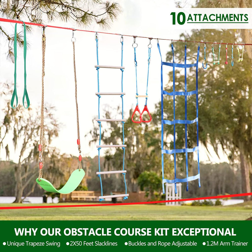 Dripex - Carrera de obstáculos ninja warrior de 50 pies para niño con accesorios completos, columpio, trapecio, escalera de cuerda, red de obstáculos más entrenador de brazos de 3.9 pies
