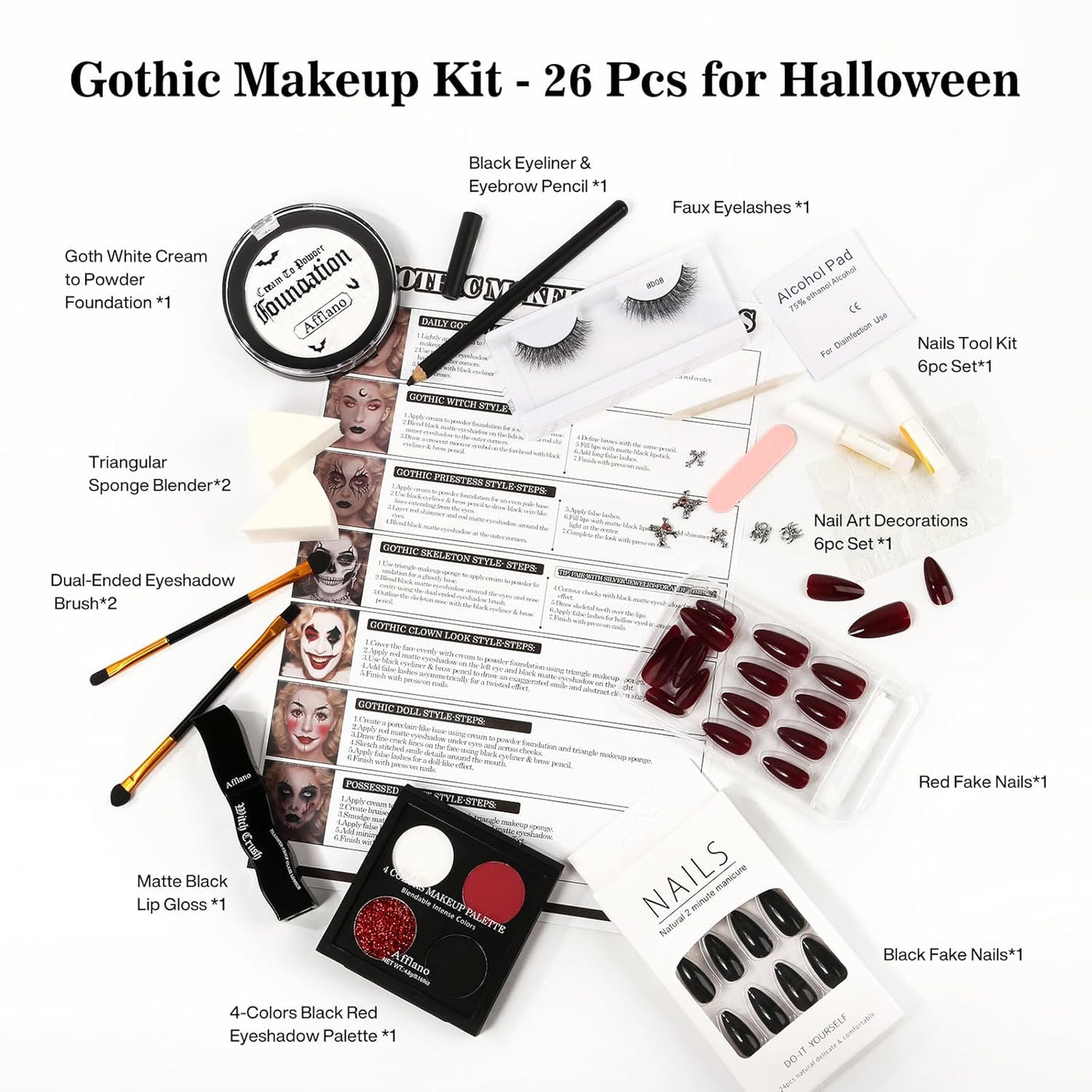 Afflano Kit de maquillaje gótico disfraz de Halloween, SFX payaso g...