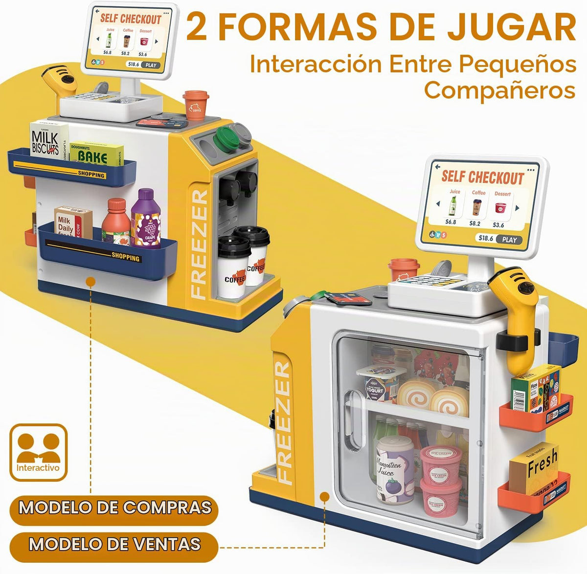 Juego de caja registradora para niños – 48 piezas de dinero de simulación, calculadora, escáner, tarjeta de crédito y comida de juego para niños y niñas a partir de 3 años (668-125)