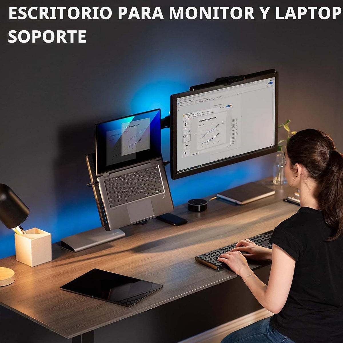 VIVO Negro totalmente ajustable de 13 a 32 pulgadas para monitor de computadora individual y soporte de escritorio para laptop, combinación con opción de ojal, se adapta hasta laptops de 17 pulgadas