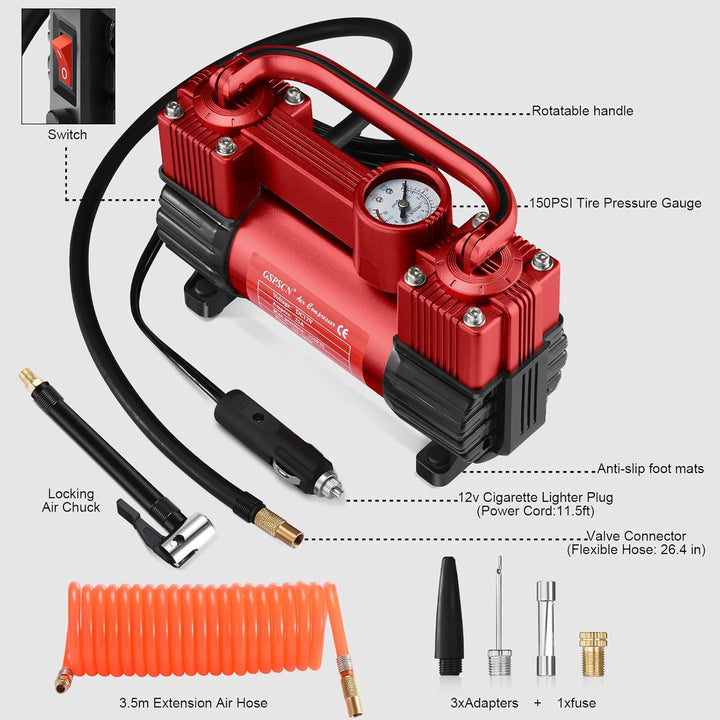 GSPSCN Inflador de neumáticos rojo de doble cilindro resistente, co...
