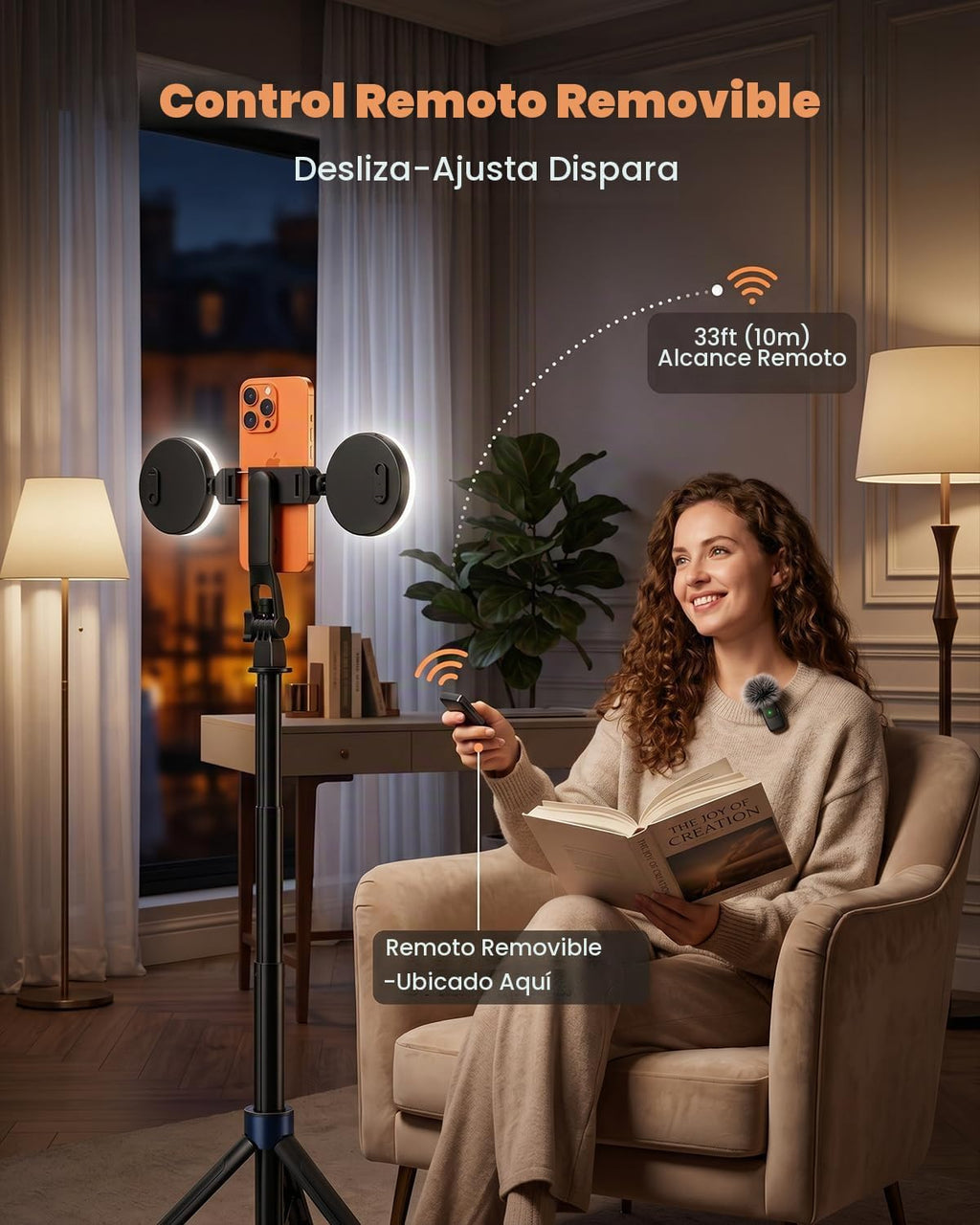 71" Trípode para teléfono con 2 LEDs, 2 micrófonos inalámbricos y control remoto recargable