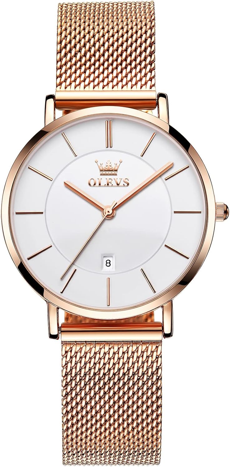 OLEVS Reloj de pulsera de malla para mujer, elegante cara grande de tres manecillas analógicas de cuarzo, reloj de pulsera femenino elegante y delgado con pantalla de fecha impermeable, relojes para