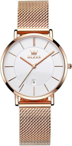 OLEVS Reloj de pulsera de malla para mujer, elegante cara grande de tres manecillas analógicas de cuarzo, reloj de pulsera femenino elegante y delgado con pantalla de fecha impermeable, relojes para