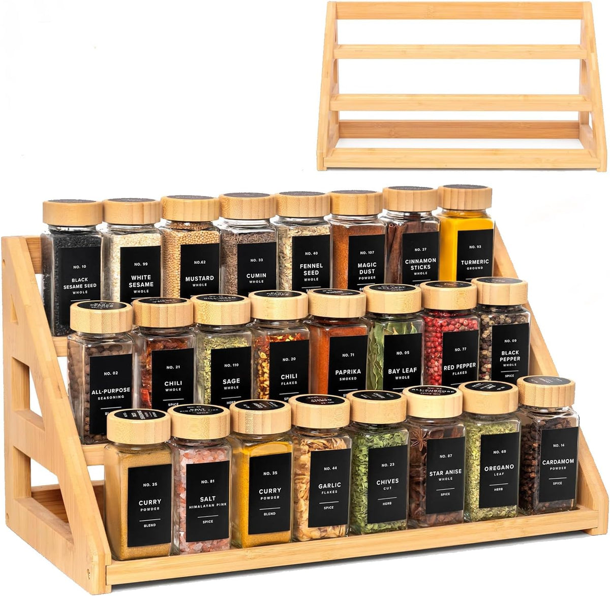 Estante para especias, organizador de especias, 3 niveles, de bambú, solución para almacenamiento de especias en cocinas, encimeras, salas de almacenamiento y otros lugares