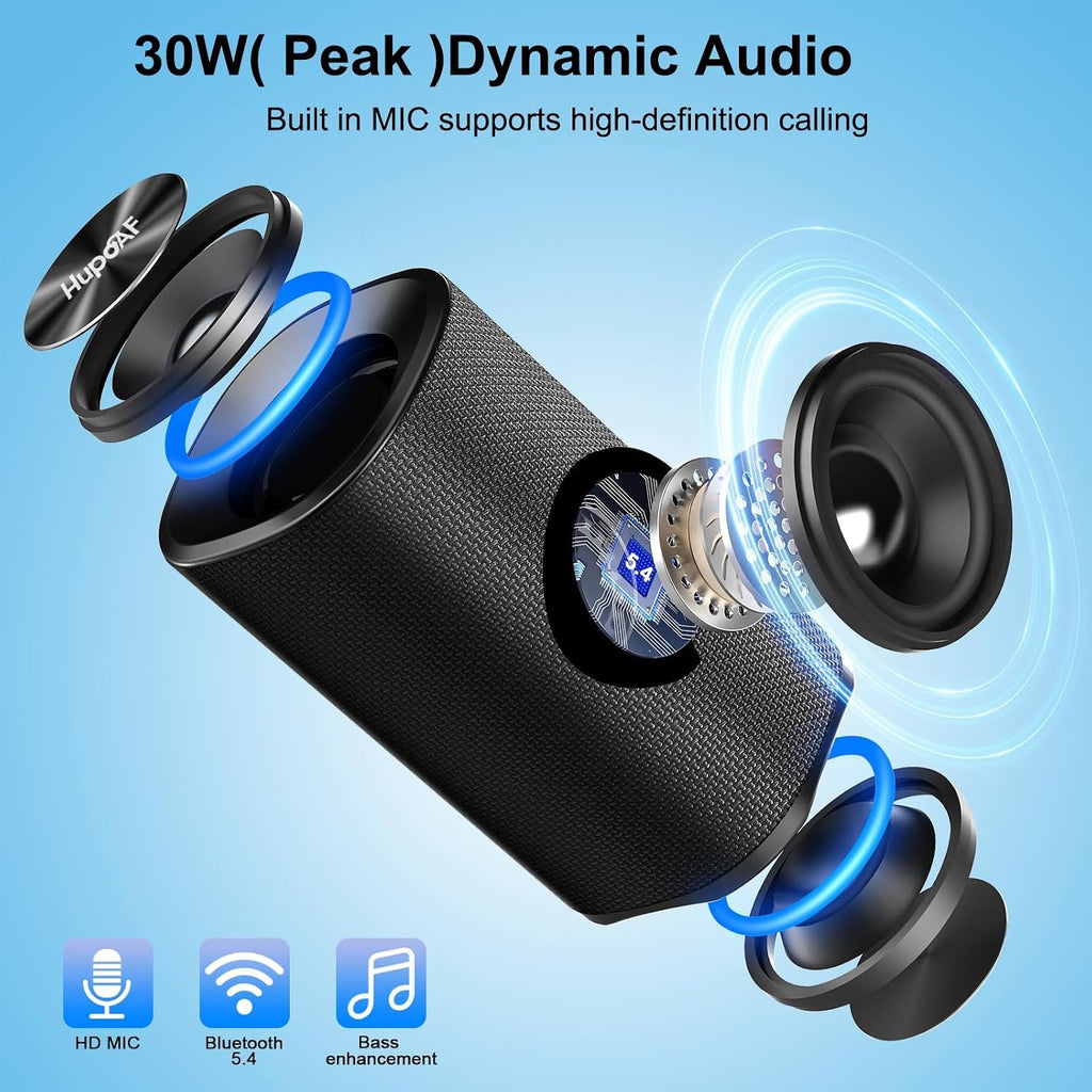 Hupoaf Altavoz Bluetooth, altavoz Bluetooth inalámbrico con graves profundos estéreo 3D de 30 W, llamada HD, luces RGB coloridas, tarjeta TF USB, emparejamiento TWS