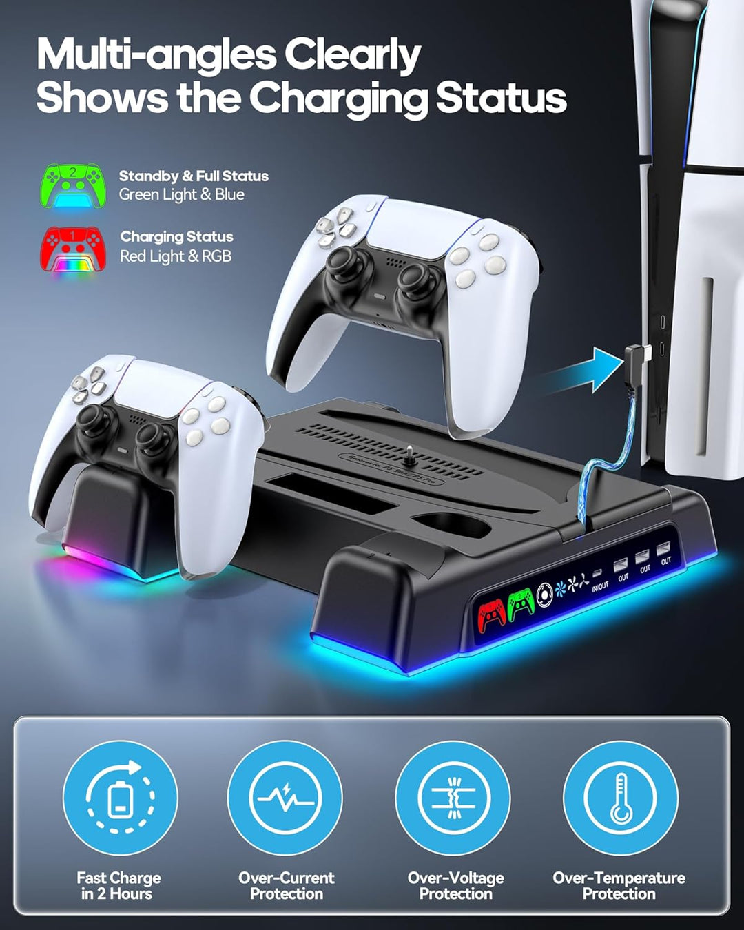 PS5\/Slim\/Pro Stand and Cooling Station with LED Controller Chargi...