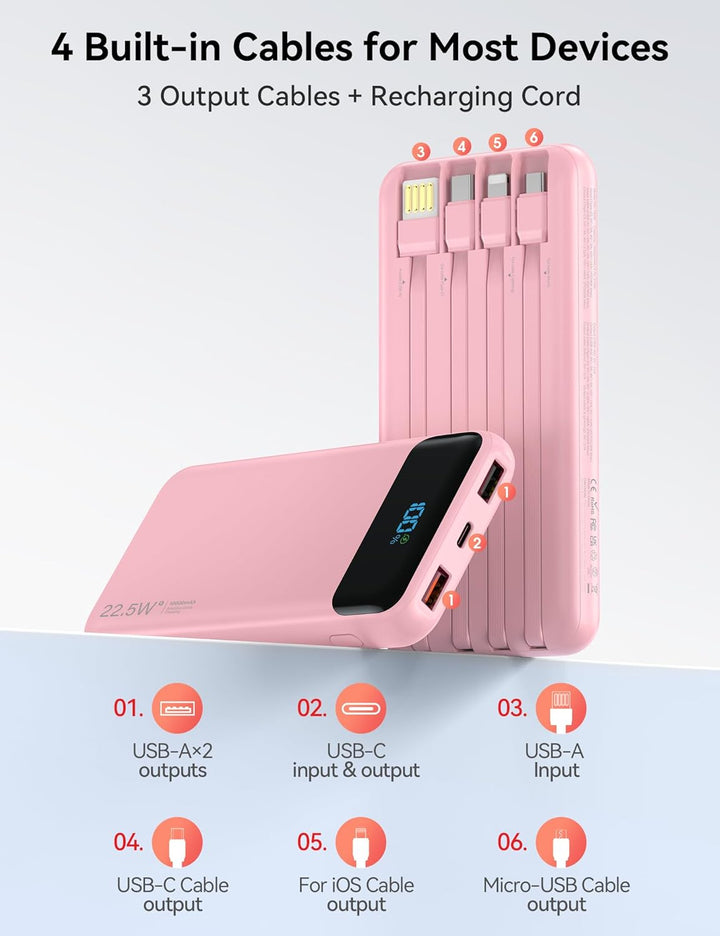 Cargador portátil de 10000 mAh integrado con 4 cables, cargador de...
