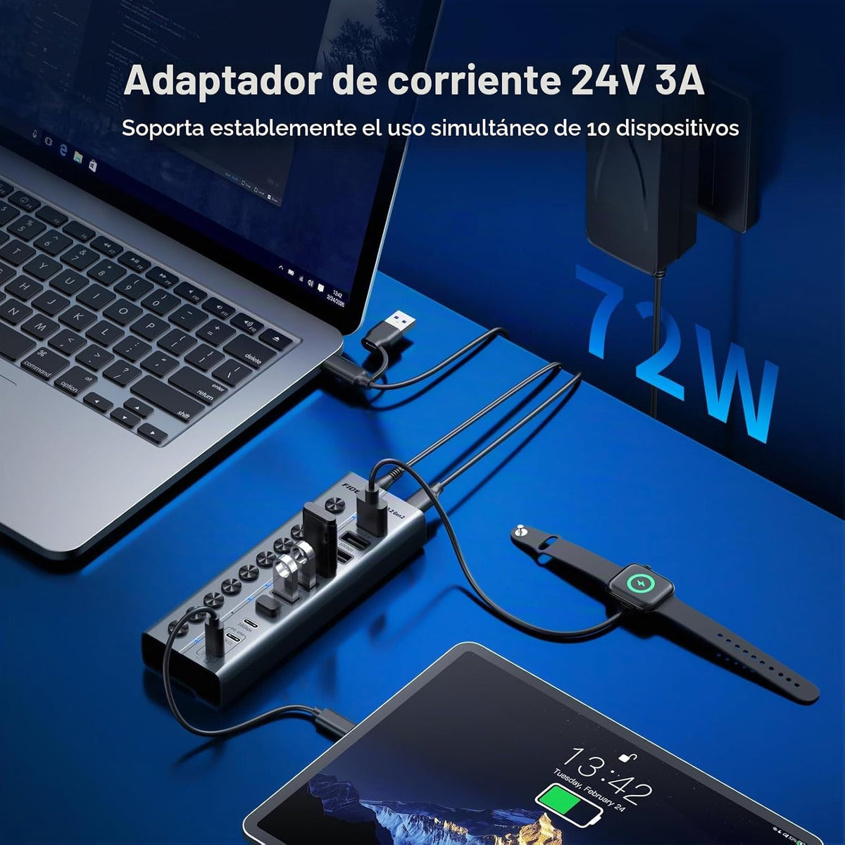 FIDECO, HCA162PD, hub USB de 10 puertos, alimentado