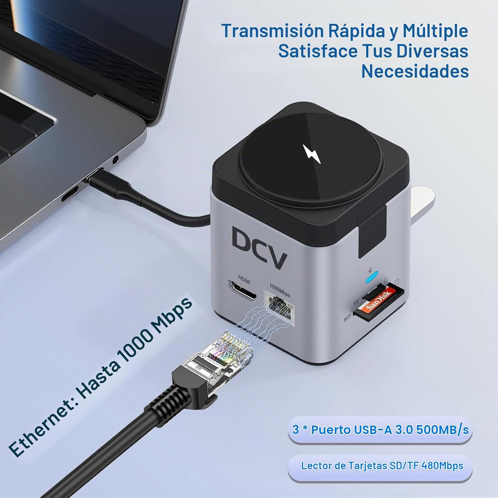 Estación de acoplamiento USB C para laptop con soporte de cargador MagSafe, adaptador multipuerto USB C Hub 9 en 1 con HDMI 4K, Ethernet de 1 Gbps, 3 USB 3.0, SD/TF, compatible con MacBook/Dell/HP