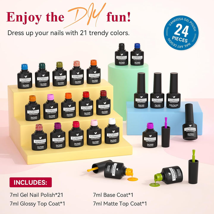 Vanreesa - Juego de 24 esmaltes de uñas en gel, 21 colores, esmalte...