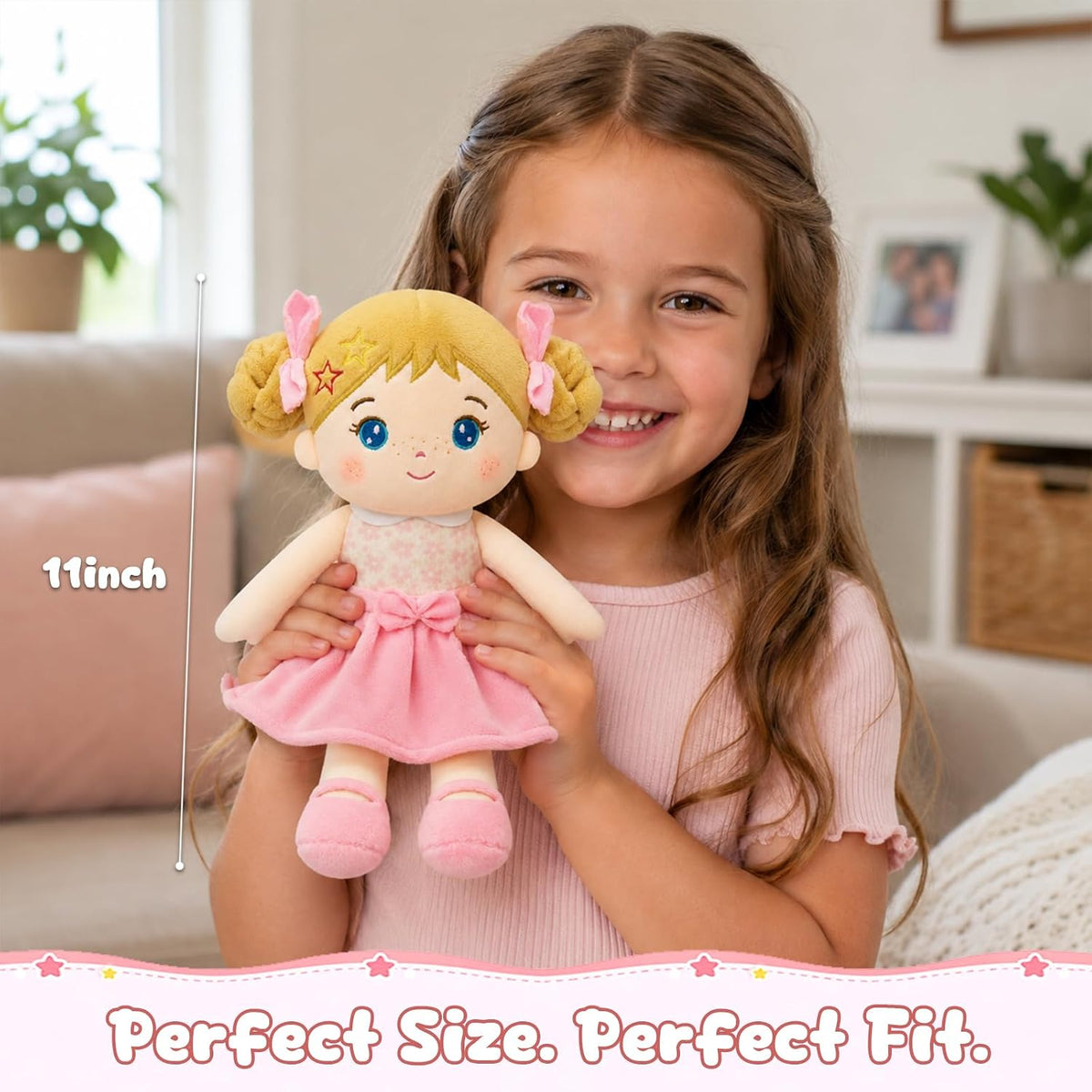 SQEQE Muñeca de bebé suave, muñecas de trapo de felpa de 11 pulgadas para regalo de cumpleaños de niña de 1 año, juguetes para bebés pequeños, cabello rubio dorado