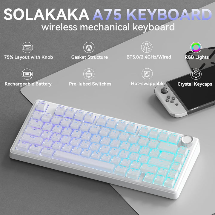SOLAKAKA Teclado inalámbrico A75 para juegos con perilla multifunci...