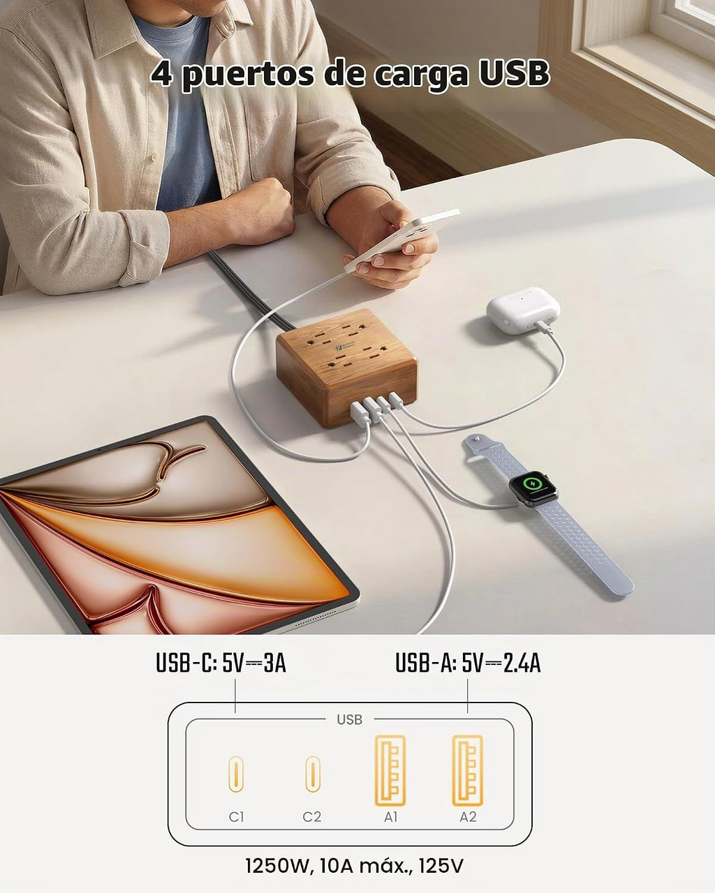 SUPERDANNY - Enchufe múltiple con protector de subida de tensión, cable de extensión de escritorio con 4 salidas muy espaciadas y 4 puertos USB inteligentes, estación de carga portátil para el hogar