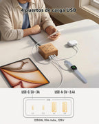 SUPERDANNY - Enchufe múltiple con protector de subida de tensión, cable de extensión de escritorio con 4 salidas muy espaciadas y 4 puertos USB inteligentes, estación de carga portátil para el hogar