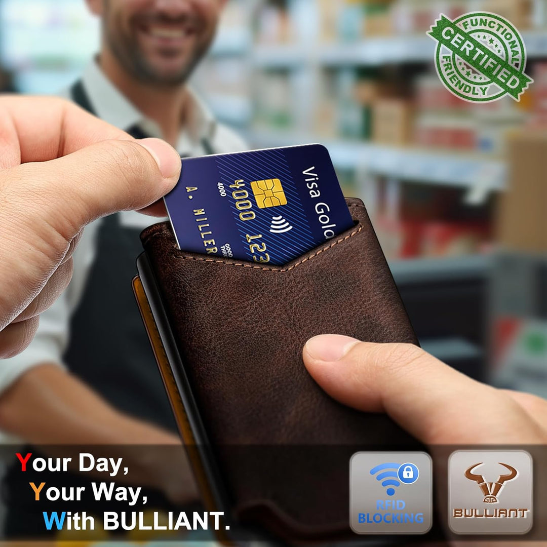 BULLIANT Billetera de cuero para hombre, tarjetero con clip para di...