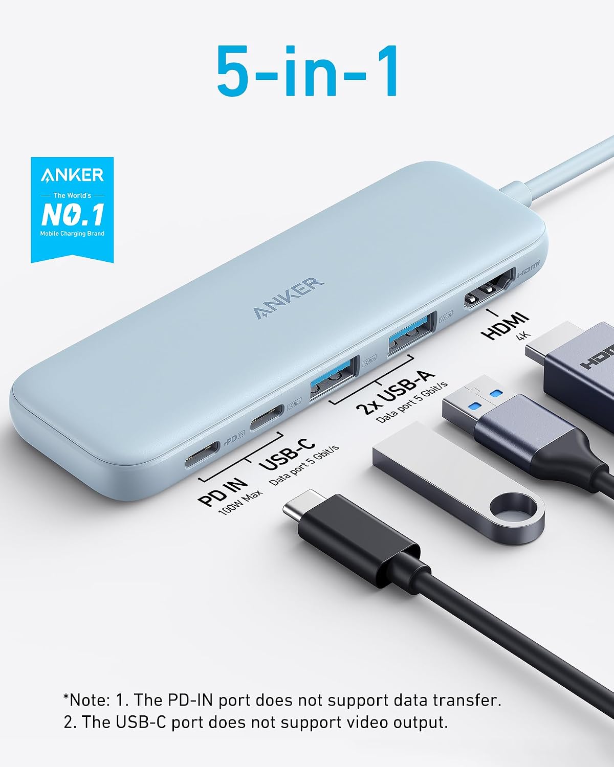 Anker Hub USB C, adaptador USB C 5 en 1 a HDMI con pantalla 4K, USB...