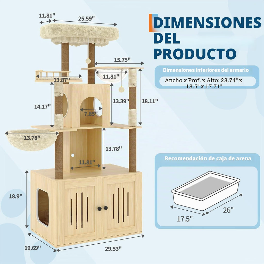 Árbol para gatos con caja de arena, torre para gatos de varios niveles con muebles ocultos, percha superior de felpa grande, postes rascadores de sisal, condominio para gatos y hamaca para gatos de