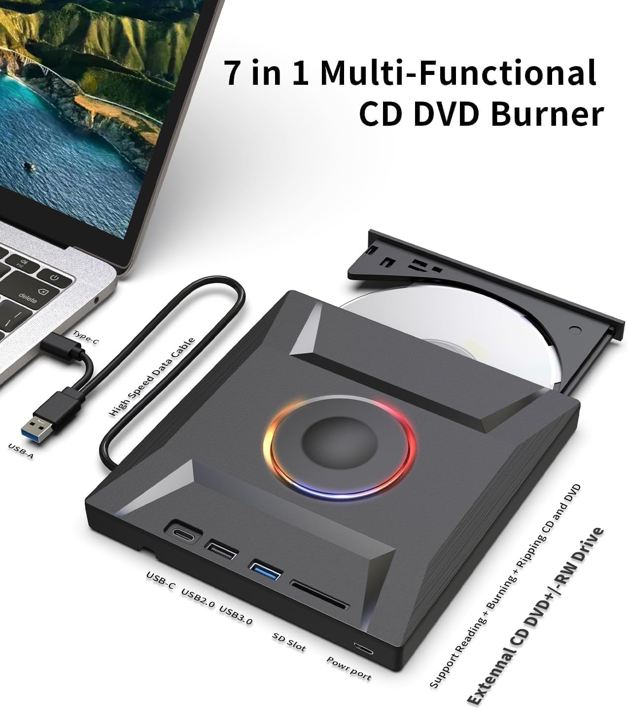 ASHDOL Unidad externa de CD DVD 7 en 1, lector de discos USB 3.0 y...