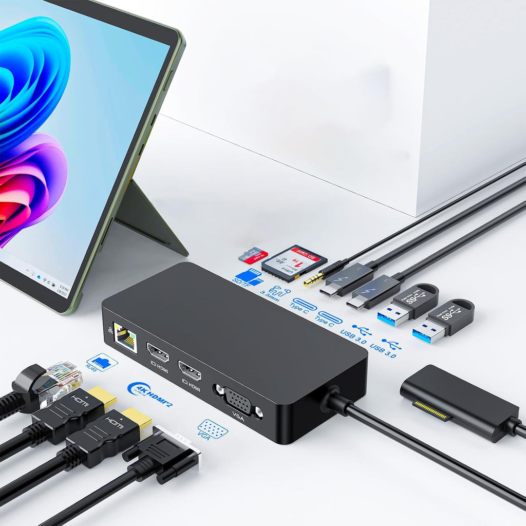 Estación de acoplamiento para superficie con adaptador de corriente, base de superficie 11 en 1, monitor dual 4K HDMI y VGA, Ethernet, concentrador USB, lector de tarjetas SD/TF para Surface Pro