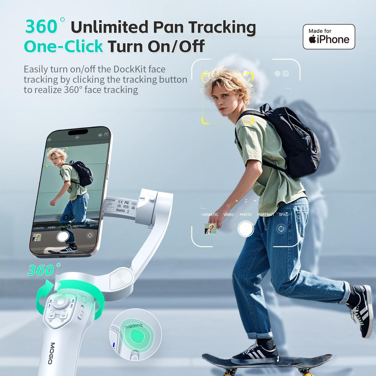 COMITOK MOGO Solo para iPhone, estabilizador de cardán para iPhone, [certificado MFi] cardán de teléfono con seguimiento facial de 360 grados para grabación de video