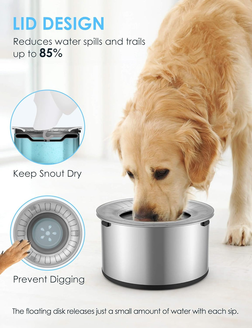 Heouvo Cuenco de agua grande de 1 galón para perro, sin derrames, tapa antiexcavación y parte inferior de goma: cuenco para perro a prueba de derrames, antisalpicaduras, sin goteo, agua de acero