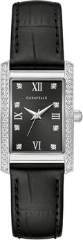 Caravelle by Bulova Reloj clásico de cuarzo de cristal para mujer de tres manecillas, marcadores de números romanos, caja rectangular, cristal mineral curvo