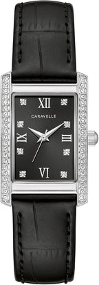 Caravelle by Bulova Reloj clásico de cuarzo de cristal para mujer de tres manecillas, marcadores de números romanos, caja rectangular, cristal mineral curvo