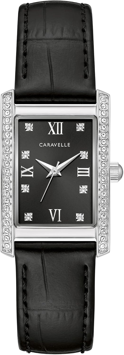 Caravelle by Bulova Reloj clásico de cuarzo de cristal para mujer de tres manecillas, marcadores de números romanos, caja rectangular, cristal mineral curvo