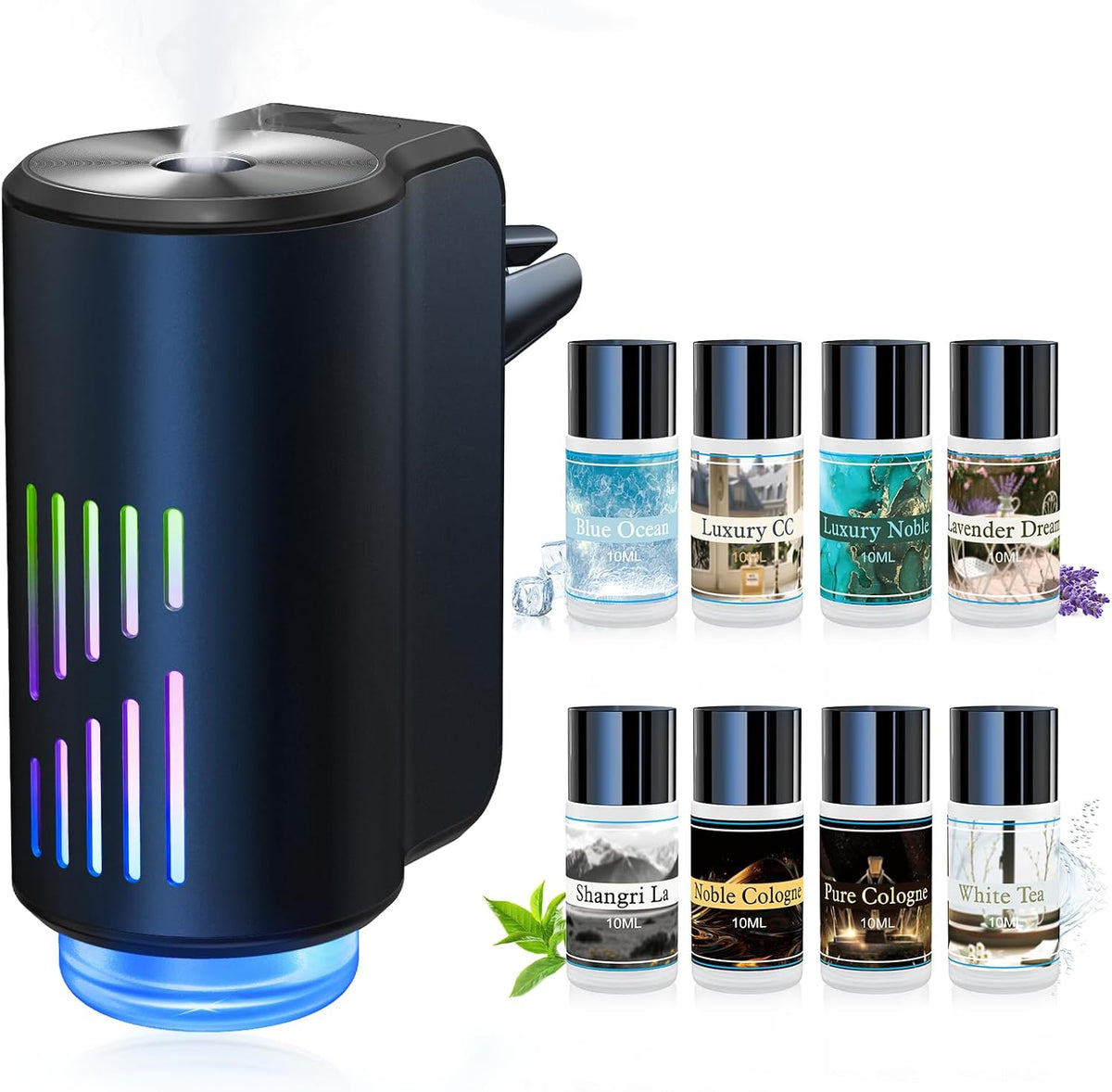 Difusor de ambientador de automóvil, ambientador inteligente para automóvil con tres modos de luz ajustables, aromatizante recargable para carro con 8 piezas de aceite esencial, de larga duración