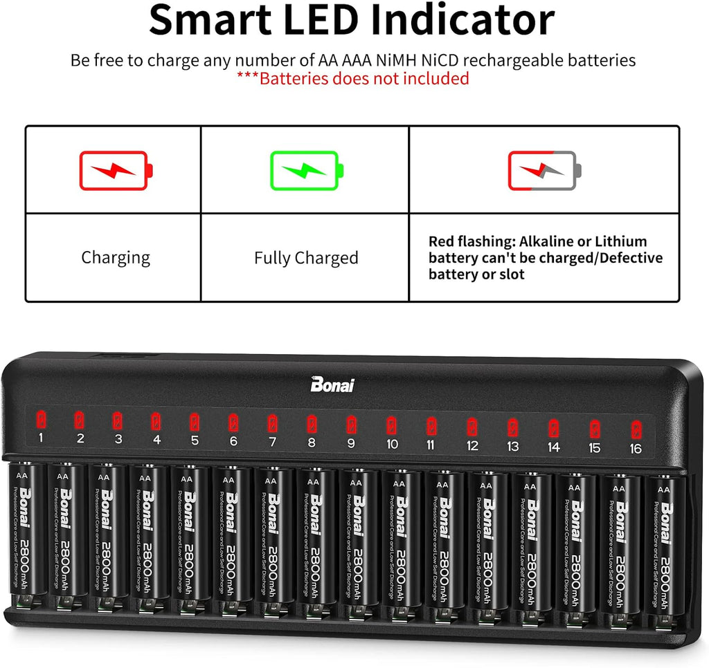 BONAI AA AAA Battery Charger 16 Bay para NiMH Rechargeable Batteries Independent Control con LED Light y Standard American AC carga Plug, Battery not Included - negro
