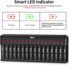 BONAI AA AAA Battery Charger 16 Bay para NiMH Rechargeable Batteries Independent Control con LED Light y Standard American AC carga Plug, Battery not Included - negro
