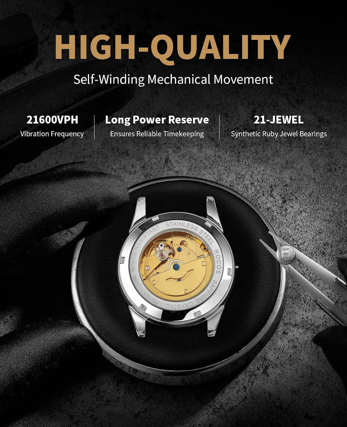 ROCOSJEWE Reloj mecánico automático para hombre, correa de cuero negro