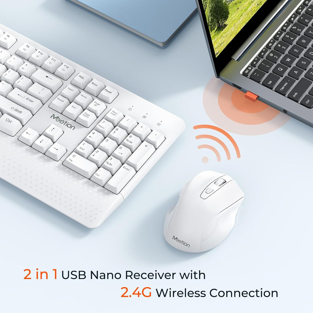 MEETION Teclado y mouse inalámbricos blancos, receptor USB de 2.4 G...