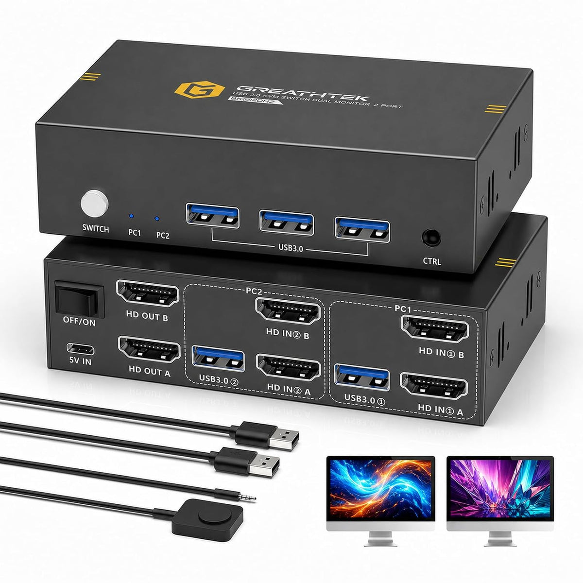 Conmutador HDMI KVM 8K@60Hz, 2 monitores, 2 computadoras