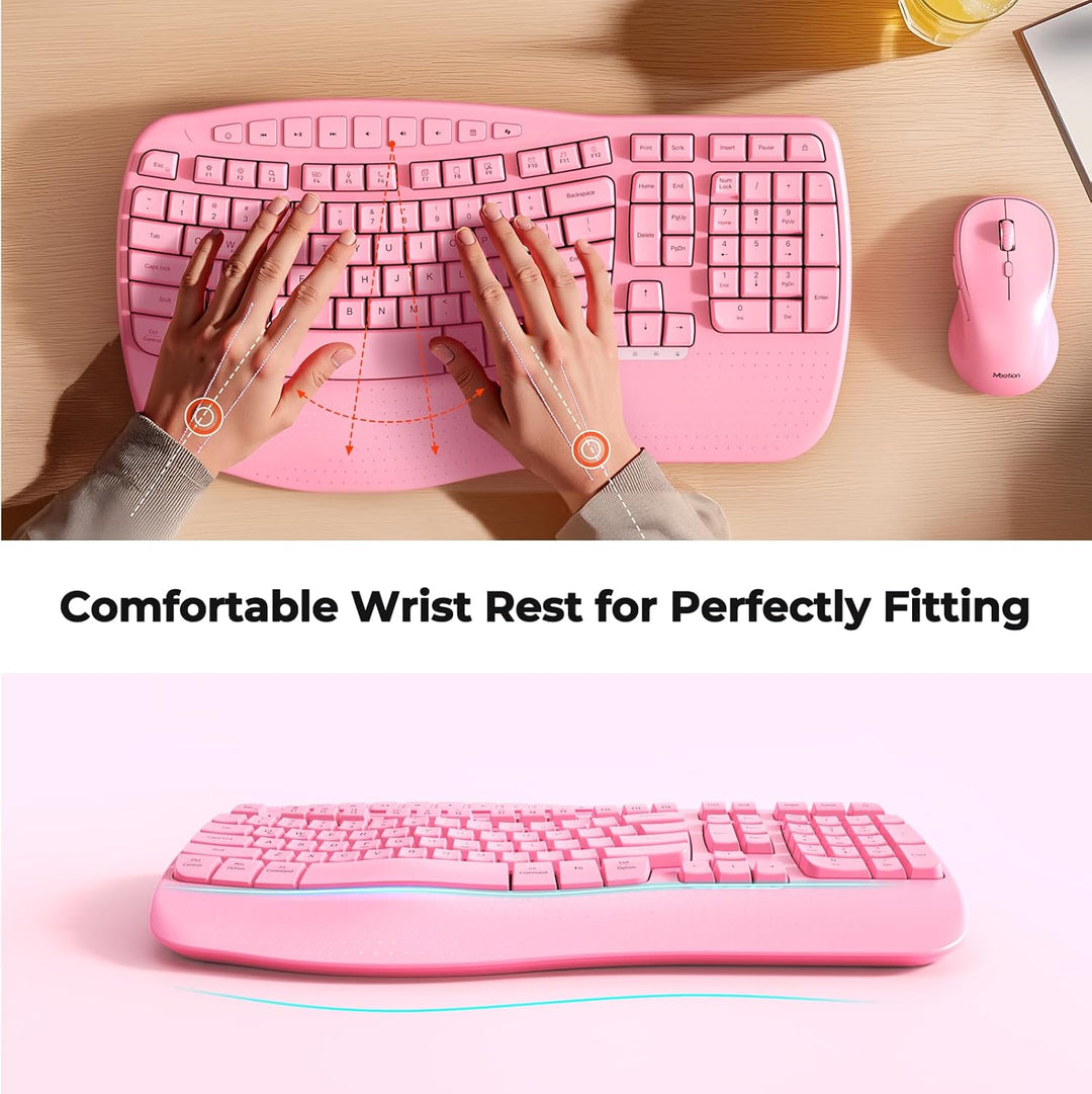 MEETION Teclado y ratón inalámbricos ergonómicos, teclas onduladas...