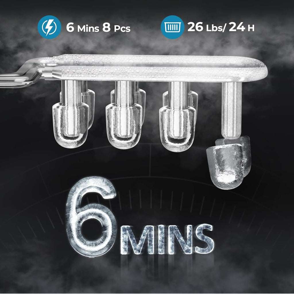 Máquina para hacer hielo de encimera, 8 cubos de hielo en 6 minutos, 26 libras/día de hielo tipo bala con 2 tamaños - Mini portátil, ahorro de energía y cesta/cuchara para hogar/fiesta/viajes