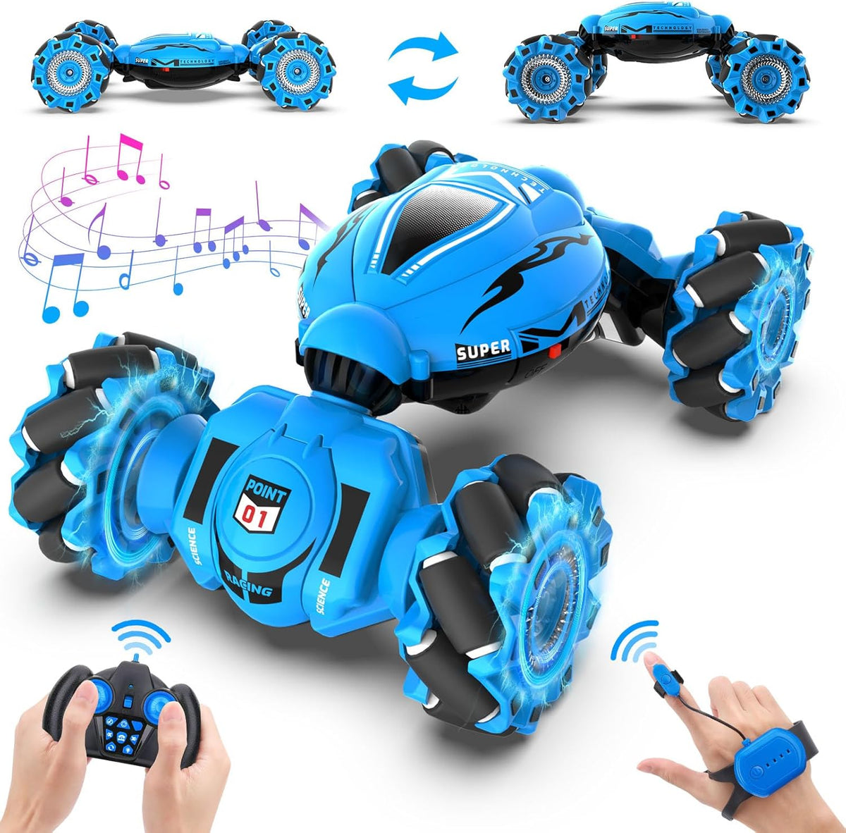 Gesture RC Car, juguete de acrobacias RC con detección de gestos para niños de 6 a 12 años, control remoto de mano 4WD de 2.4 GHz con luces y música, deriva con rotación de 360° todoterreno