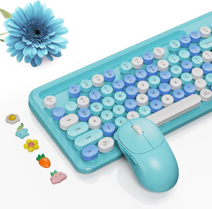 Combo de teclado y mouse inalámbricos, teclas redondas retro, tecla...
