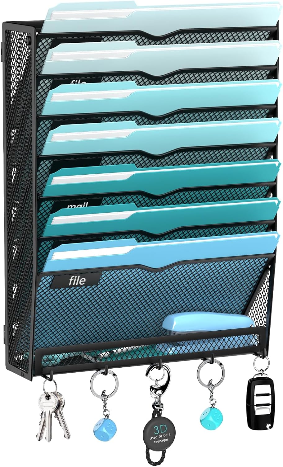 Organizador de archivos de pared colgante de 8 niveles con 5 ganchos, soporte de malla para archivos de pared, organizador de correo de montaje vertical para papeles, carpetas, revistas