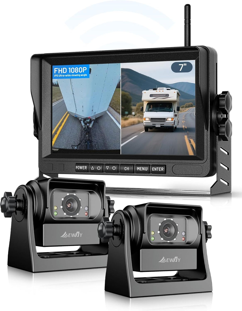 EWAY 2 cámaras magnéticas inalámbricas WiFi de respaldo de 7 pulgadas, monitor IPS HD 1080P, batería recargable sin cableado, cámara de enganche de monitoreo trasero para automóvil, camión, camioneta, caravana, cámper, quinta rueda, caballo, barco