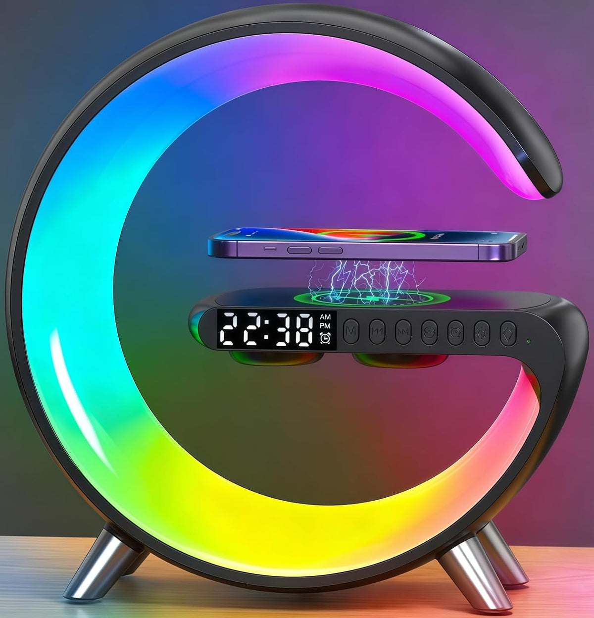 Lámpara Lámpara de mesa LED inteligente con cargador inalámbrico, luz nocturna RGB, altavoz Bluetooth, reloj despertador de amanecer y lámpara de noche de control de aplicación con estación de carga para