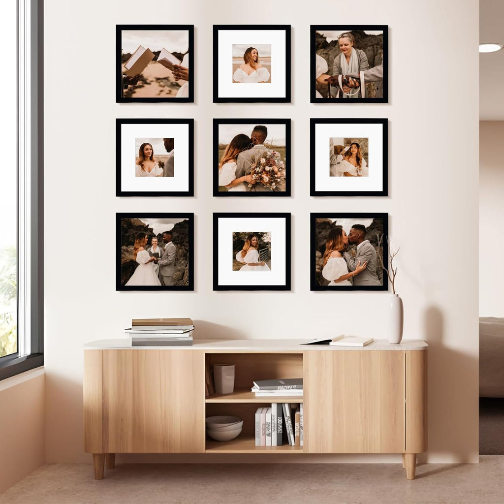 Juego de 9 portarretratos de 12 x 12 pulgadas, para fotos de 8 x 8 pulgadas con paspartú o de 12 x 12 pulgadas sin paspartú, marcos de fotos cuadrados para galería de collage múltiple para pared o mesa, color negro