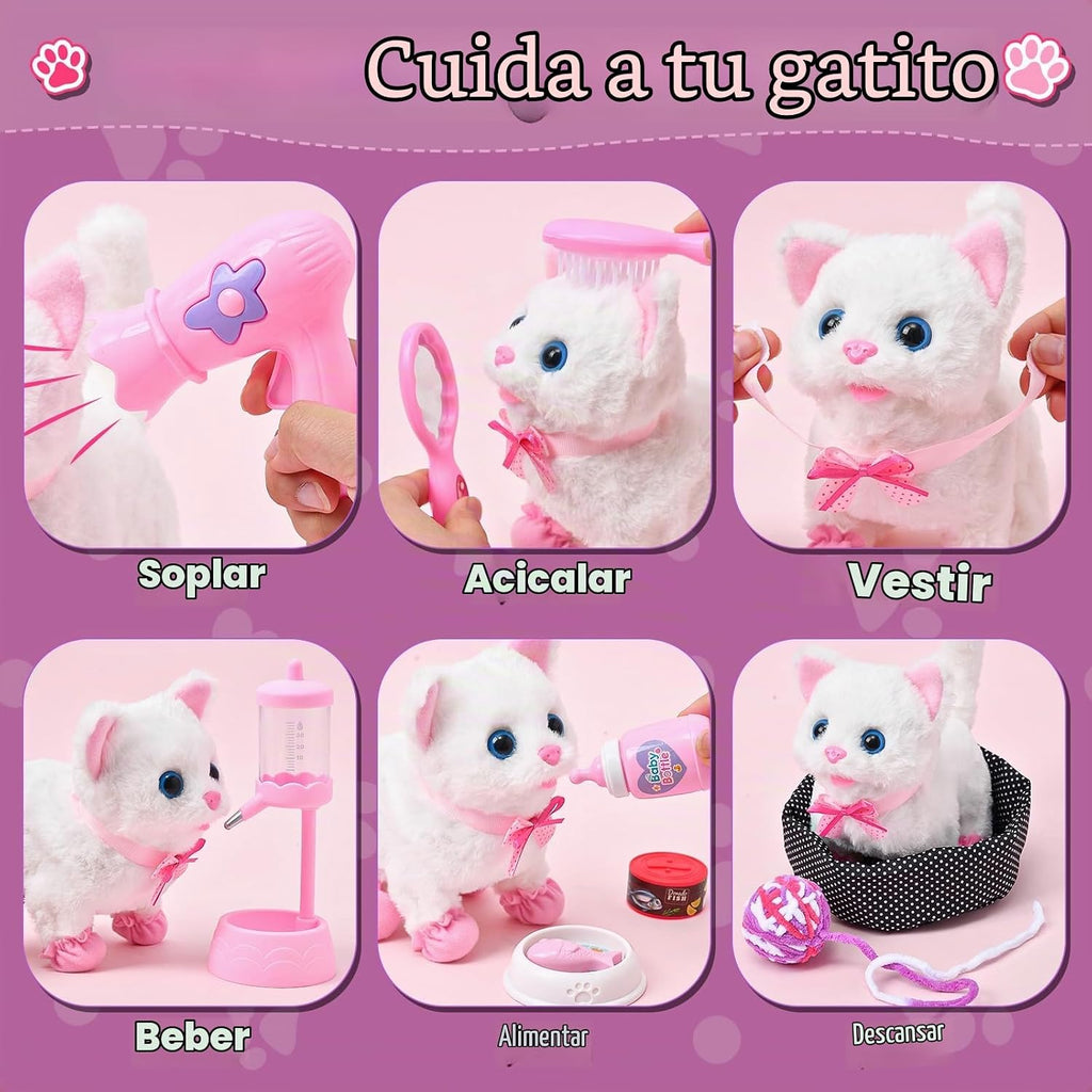 Juguetes de Gato para Niñas, Regalo para Niñas, Juguete de Peluche Interactivo Electrónico que Puede Caminar y Maullar - Juego de 16 Piezas para Transportar y Cuidar Mascotas, Juego de