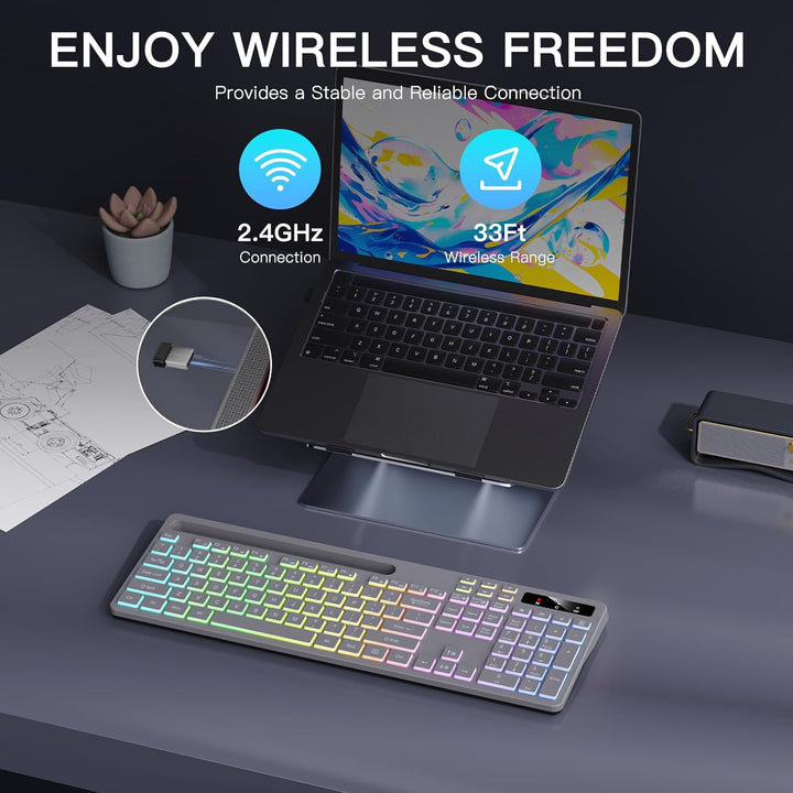 Soueto Teclado inalámbrico con retroiluminación RGB de 7 colores, t...