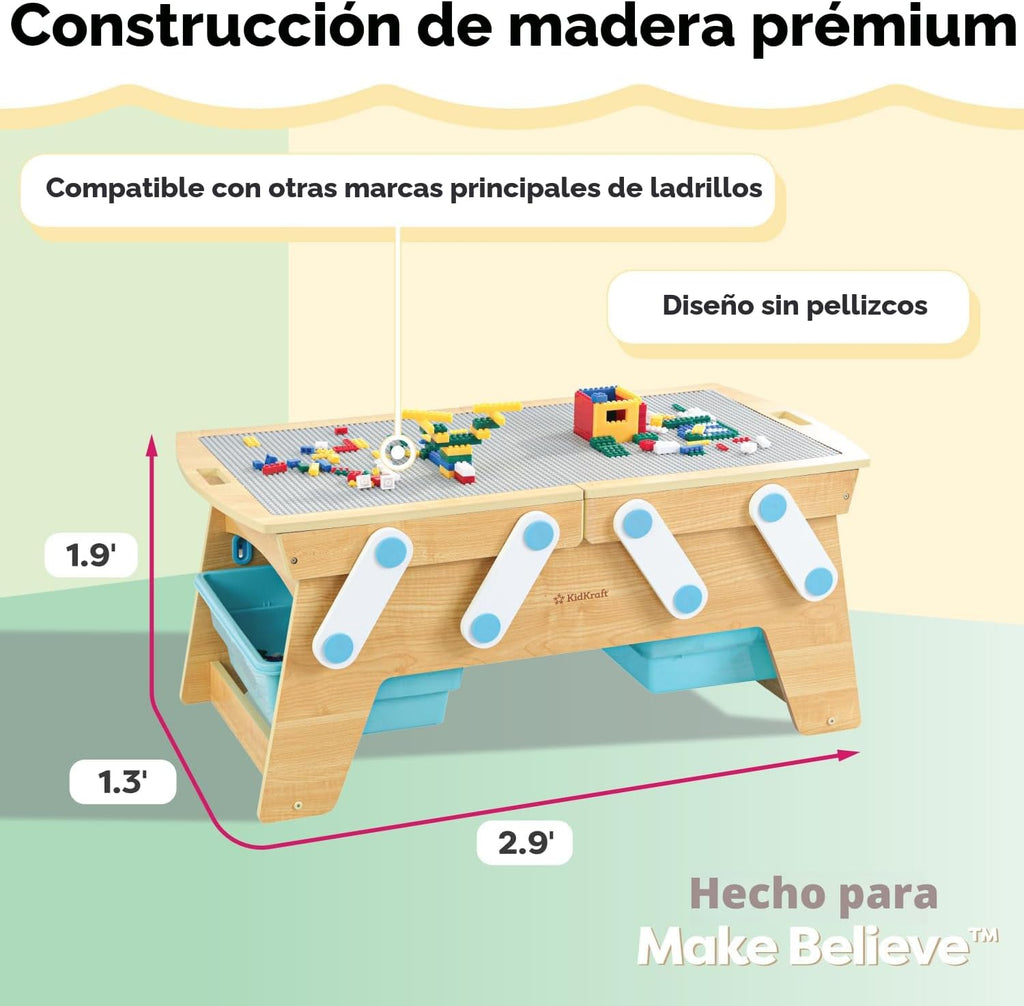 KidKraft Building Bricks Play N Store Wooden Table con 200+ Bricks, 3 Bins