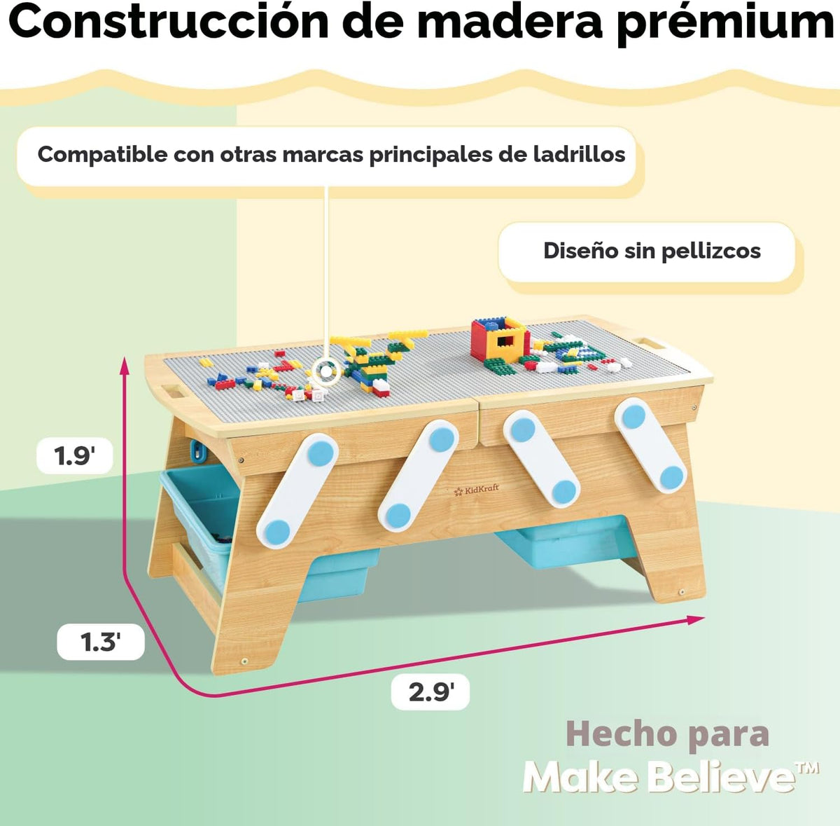 KidKraft Building Bricks Play N Store Wooden Table con 200+ Bricks, 3 Bins