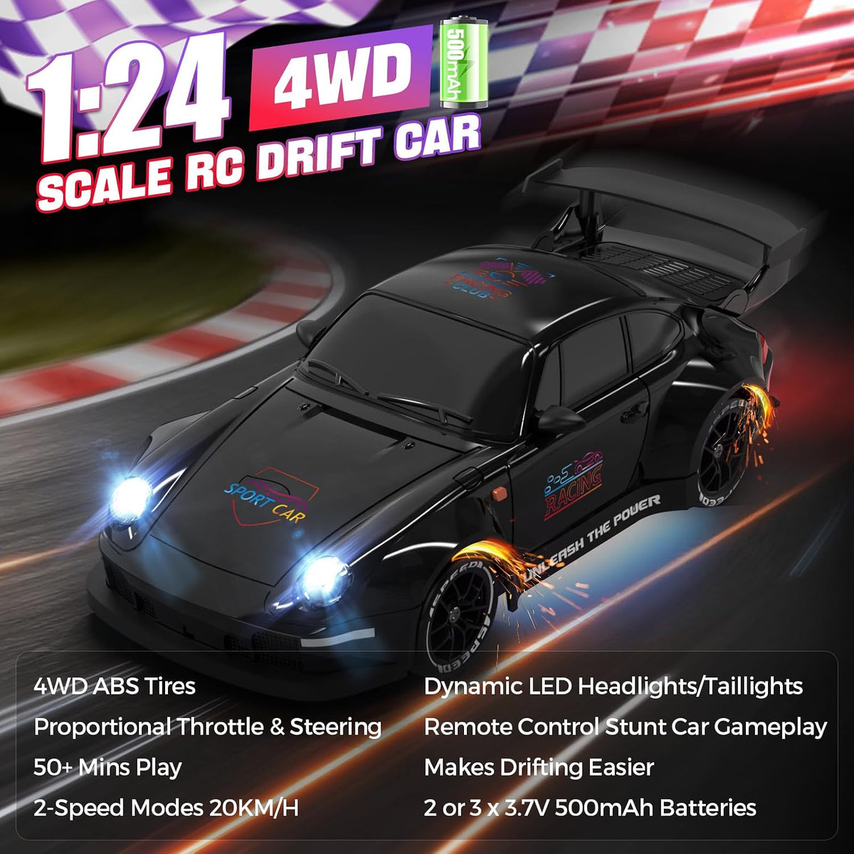 RC Drift Car, Auto a Control Remoto 1:24 para Niños y Adultos, Negro Carbón