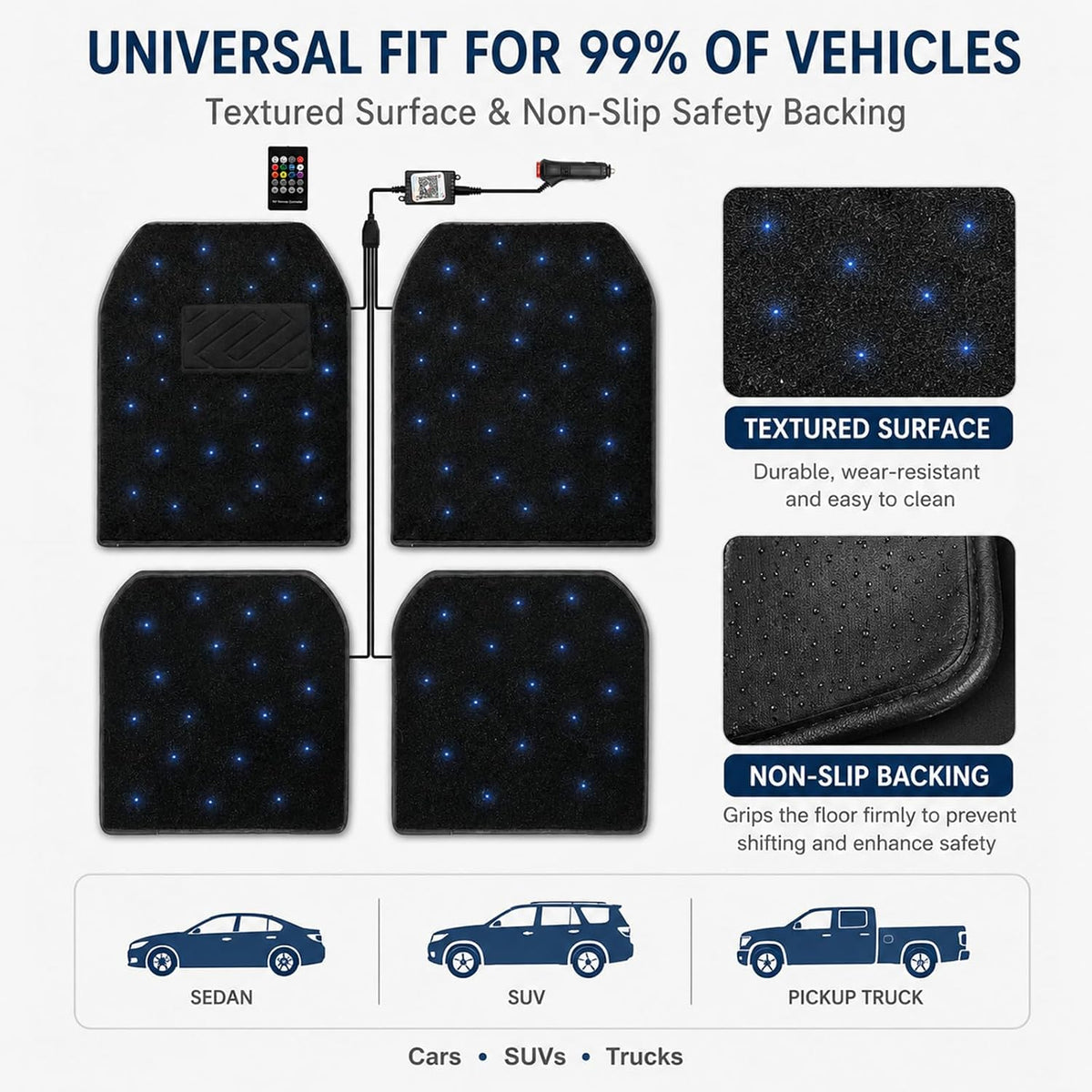 Alfombrillas LED para automóvil con control de aplicación, 100 modos de luz RGB, luces interiores de luz de estrellas de ajuste universal, impermeables, lavables, accesorios de automóvil para un